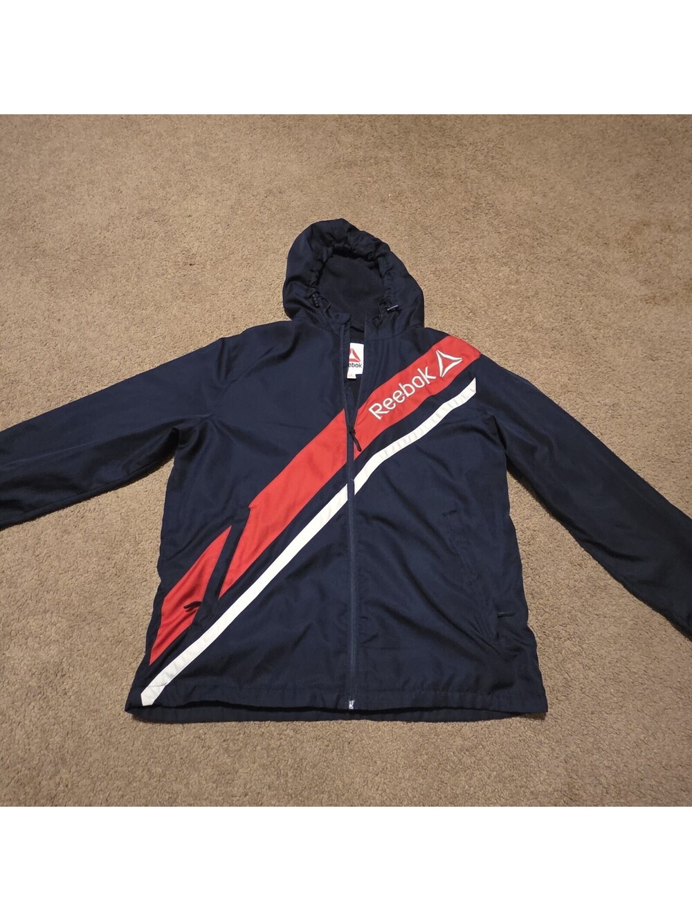Reebok Men's Large Hooded Windbreaker Jacket Navy Red White Logo Full Zip